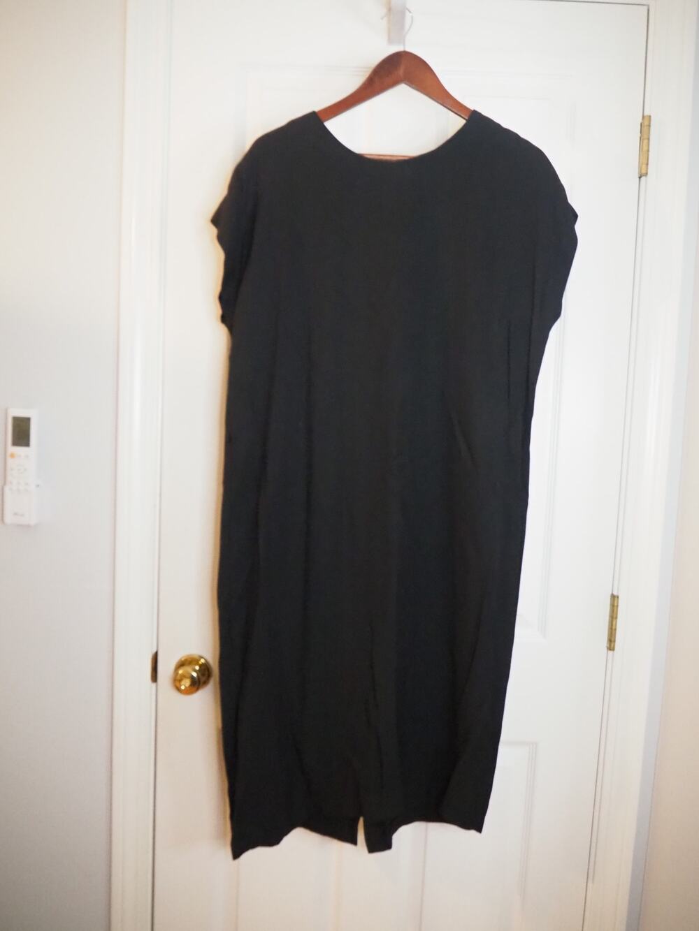 Vintage 90s Black Midi Dress Size 14 Rayon Acetate Column Minimalist Made in USA